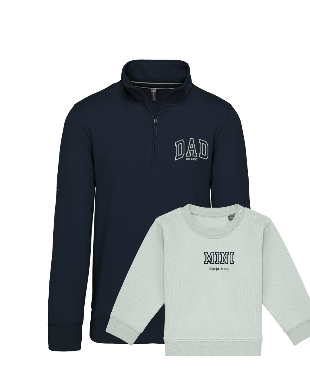 Pack bebé y adulto (zip) sudaderas personalizadas Dad y Mini (hasta 36 meses)