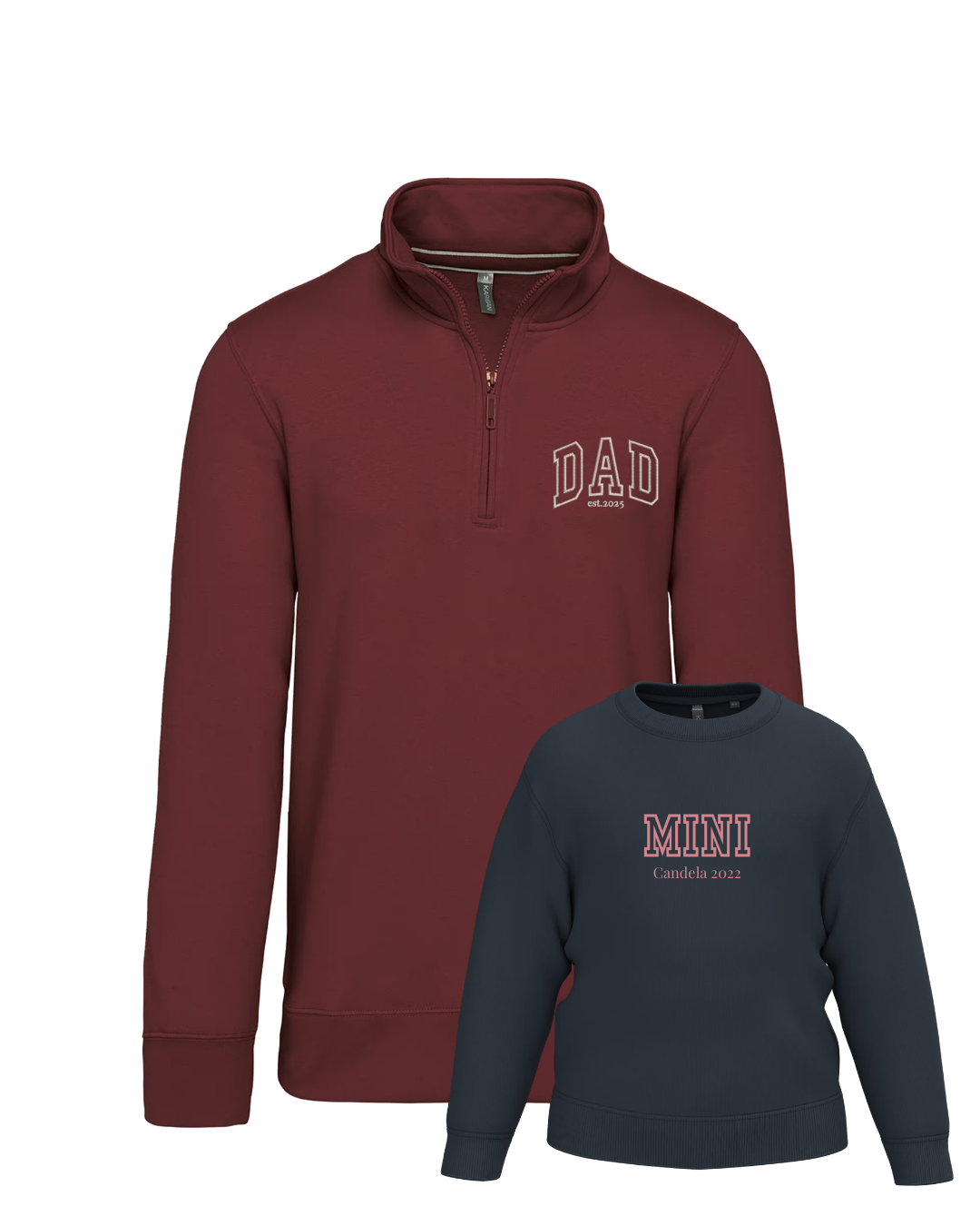 Pack bebé y adulto (zip) sudaderas personalizadas Dad y Mini (hasta 36 meses)