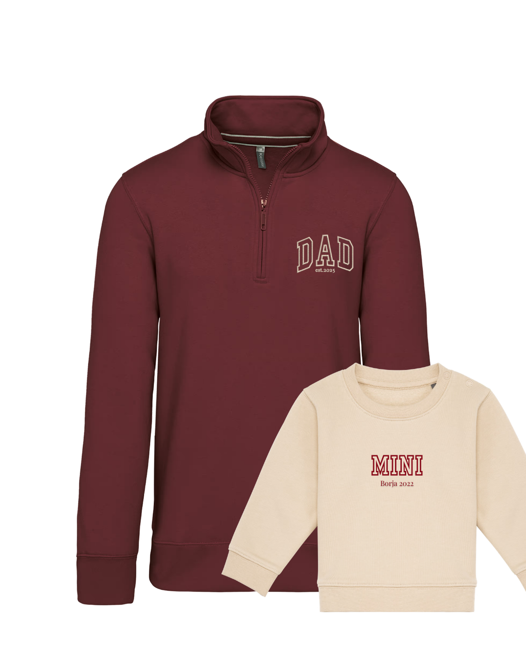 Pack bebé y adulto (zip) sudaderas personalizadas Dad y Mini (hasta 36 meses)