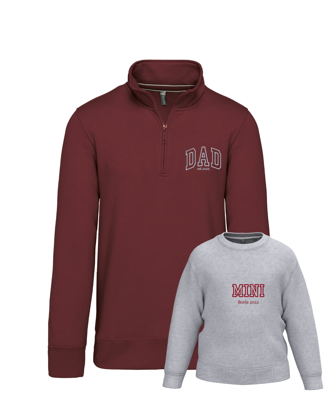 Pack bebé y adulto (zip) sudaderas personalizadas Dad y Mini (hasta 36 meses)