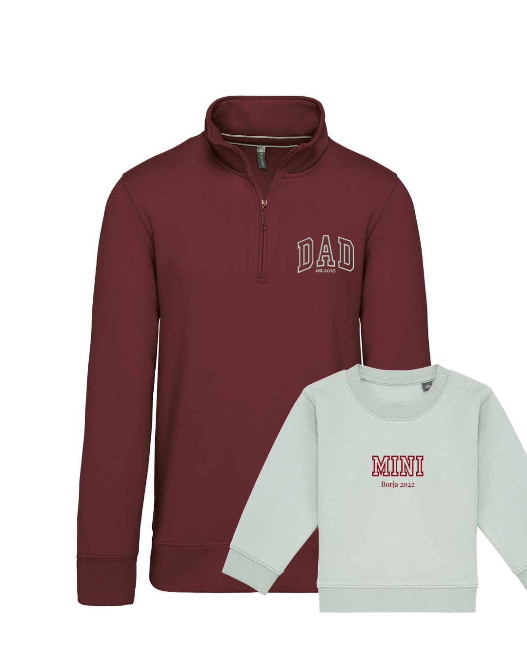 Pack bebé y adulto (zip) sudaderas personalizadas Dad y Mini (hasta 36 meses)