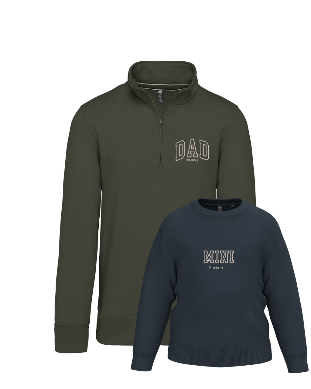 Pack bebé y adulto (zip) sudaderas personalizadas Dad y Mini (hasta 36 meses)