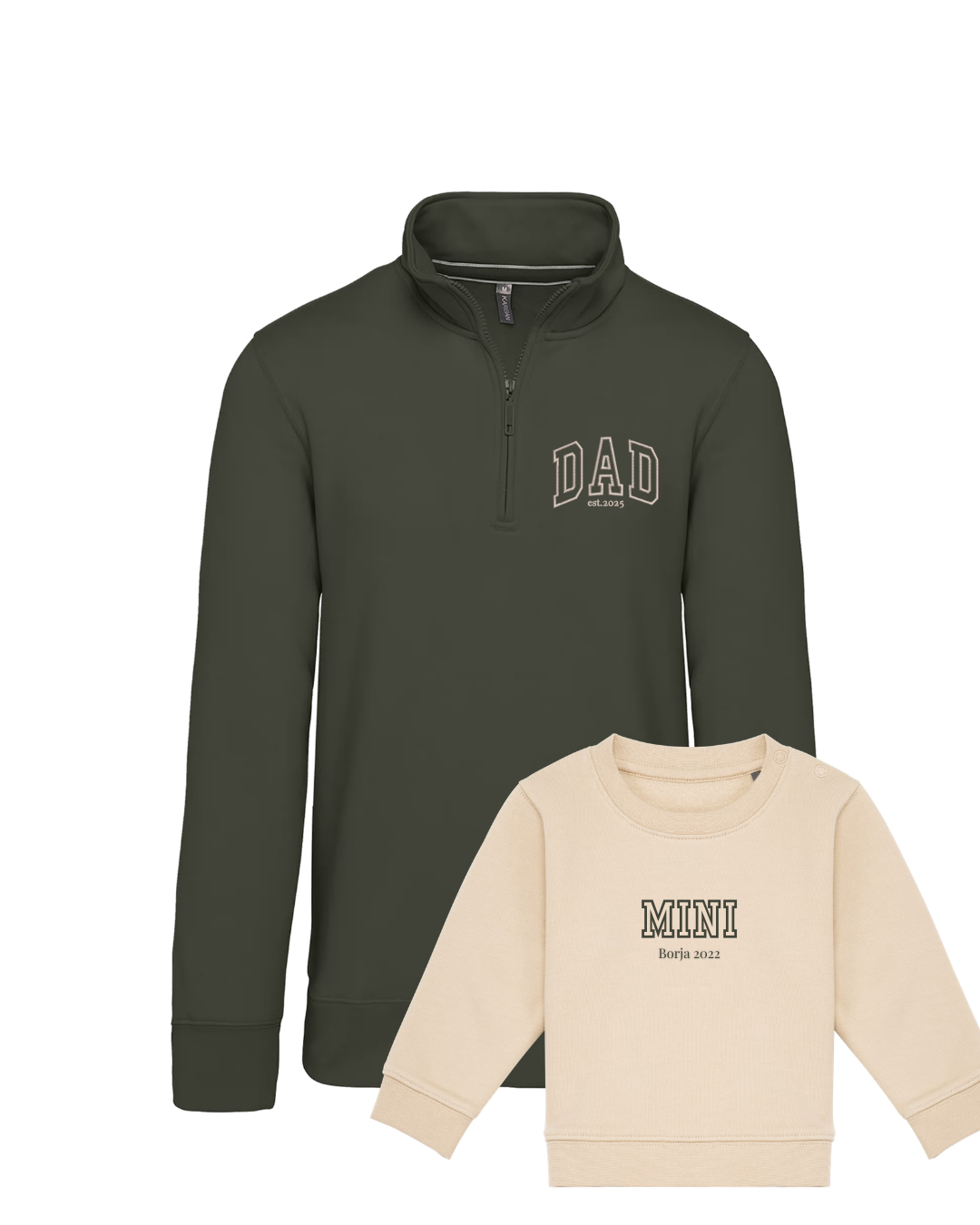 Pack bebé y adulto (zip) sudaderas personalizadas Dad y Mini (hasta 36 meses)