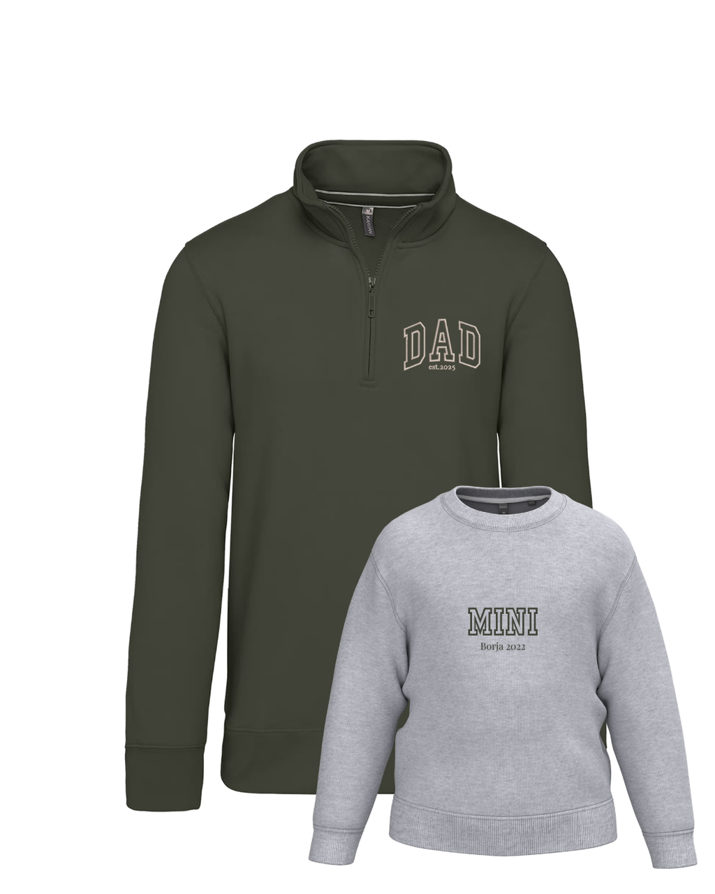 Pack bebé y adulto (zip) sudaderas personalizadas Dad y Mini (hasta 36 meses)