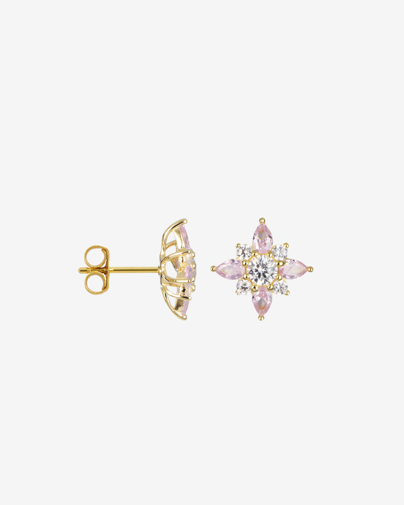 Pendientes pequeños en forma rosa de los vientos baño de oro con zirconitas rosa y blanco