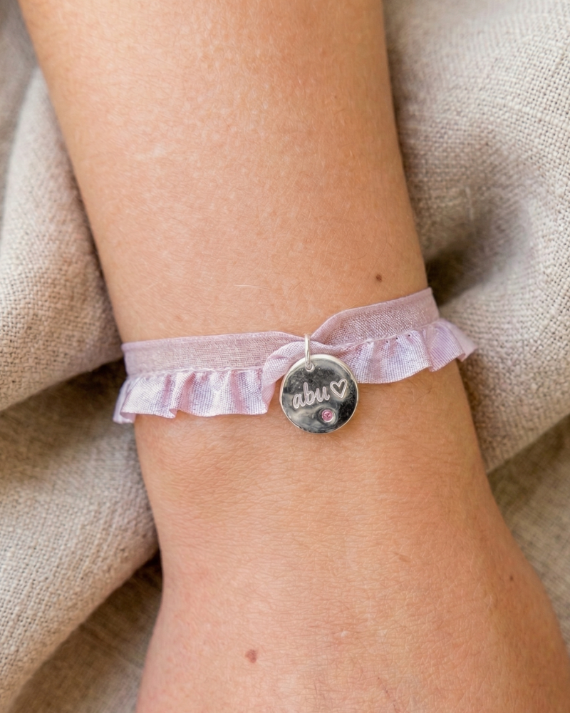 Pulsera semirizo rosa personalizada plaquita circonita