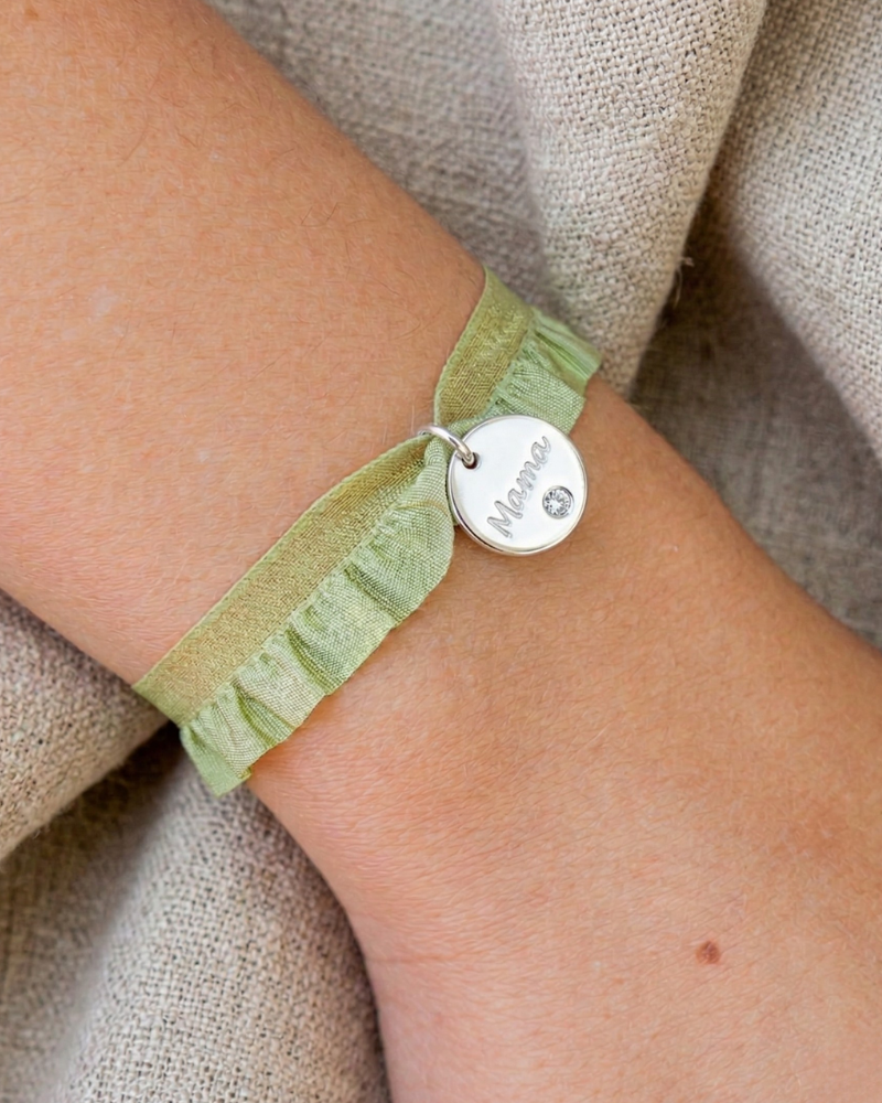 Pulsera semirizo verde Mamá plaquita circonita