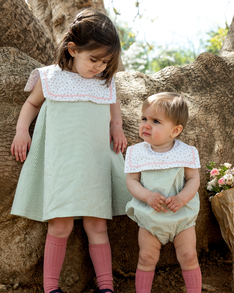 conjunto rayas verdes niña y bebe cuello marinero con flores