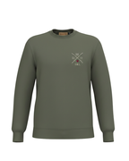 Sudadera verde caqui unisex vista frontal, con bordadao X personalizable y corazón granate en pecho izquierdo