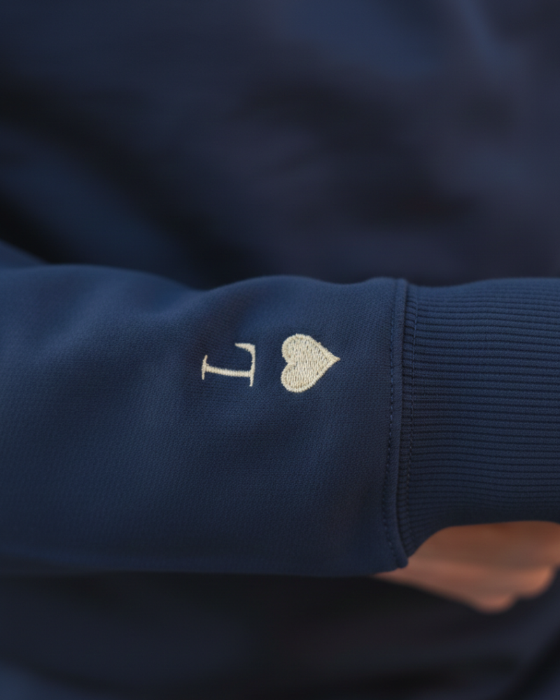 Primer plano del bordado de inicial y corazón en la manga de la sudadera azul marino