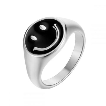 Happy Face Black Silver Ring