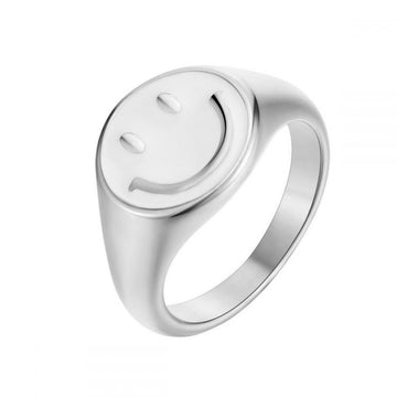 Happy Face White Silver Ring